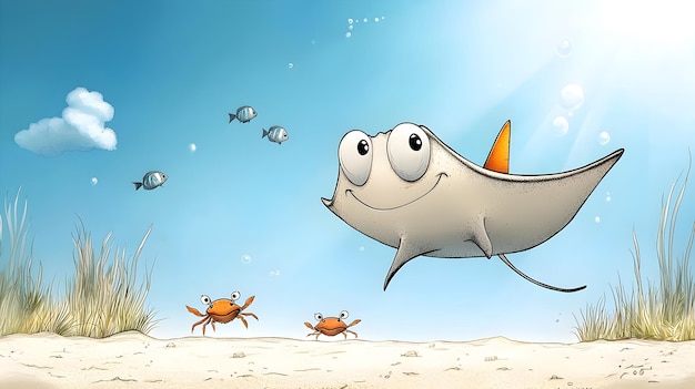 Cartoon Stingray Gliding Over Vibrant Ocean Floor with Crabs and Fish