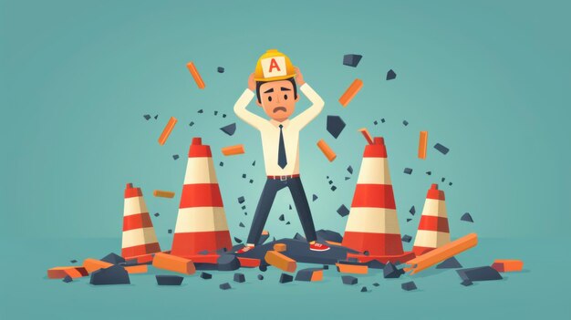 Photo cartoon of a stressed worker wearing a hard hat surrounded by fallen construction cones and debris depicting a construction accident