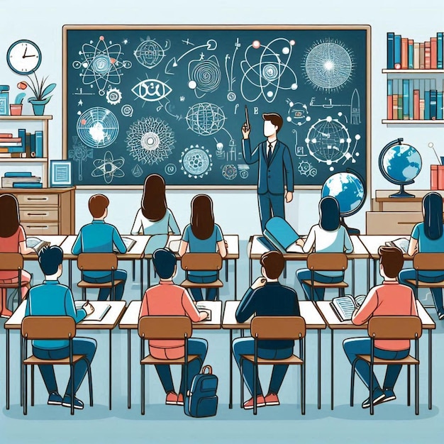 a cartoon of students in a classroom with a blackboard with the words teacher on it