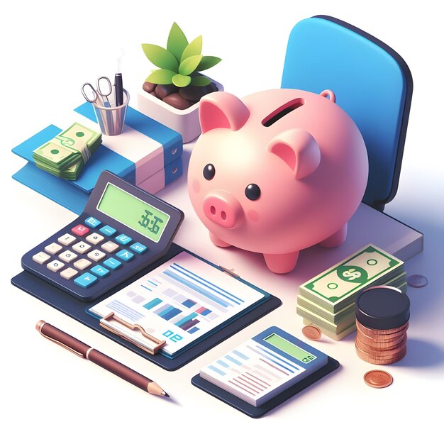 Cartoon style 3D flat icon Office desk with piggy bank calculator and financial documents for fin