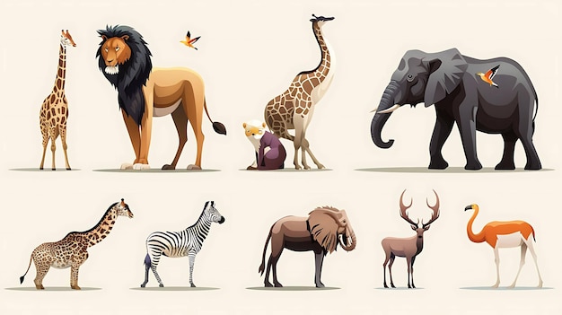 Photo cartoon style african animals set includes giraffe lion elephant zebra deer and more perfect for kids