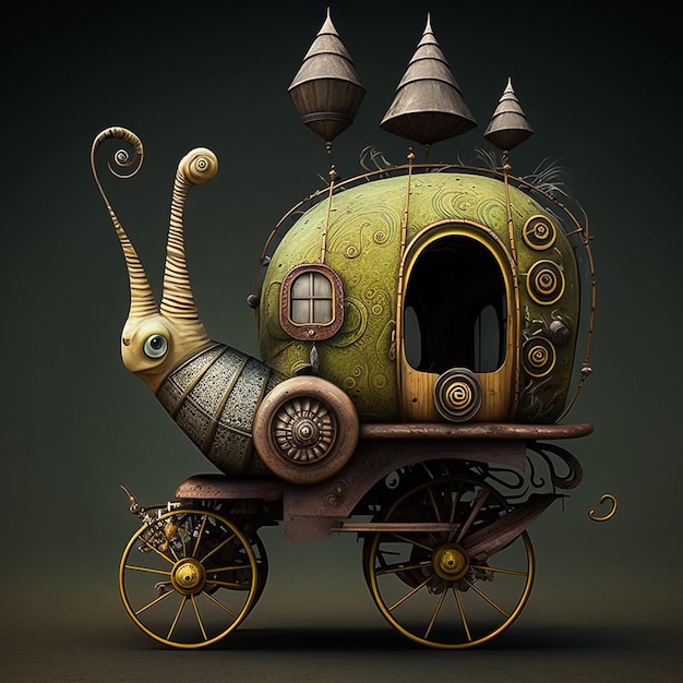 A cartoon style buggy with a snail on the top.