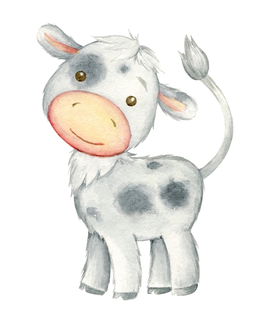 A cartoon-style calf. Watercolor illustration, on an  Symbol of the year, drawn by hand.