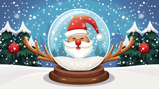 Photo cartoon style christmas snow globe adorned with santa hat and reindeer antlers christmas background