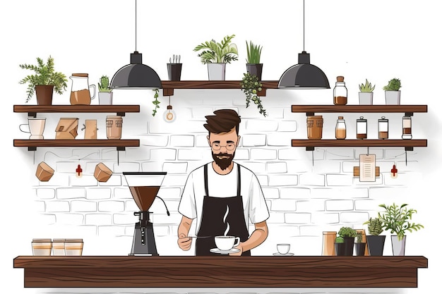 Cartoon Style Coffee Shop with Barista and Various Brewing Equipment