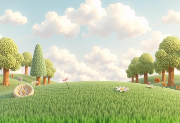 Cartoon style field with fluffy clouds and flowers