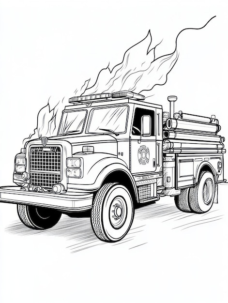 Photo cartoon style fire truck black lines suitable for children coloring