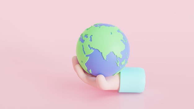 Cartoon-style hand holding planet earth. Earth day concept. 3D illustration