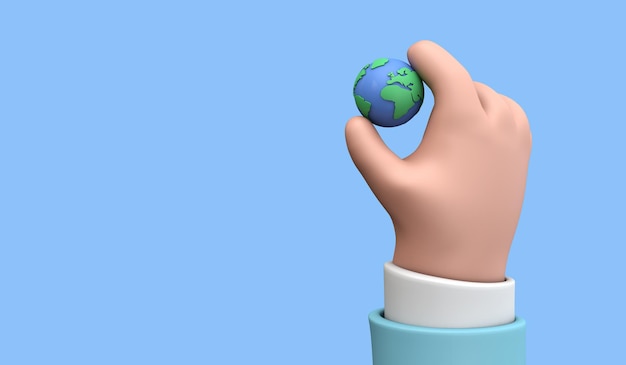 Cartoon style hand holding a planet earth earth day concept d render