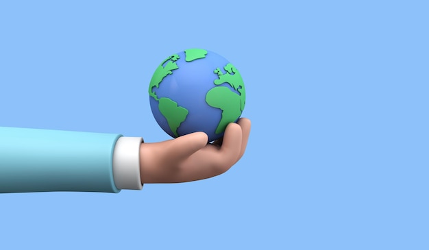 Cartoon style hand holding a planet earth earth day concept d render