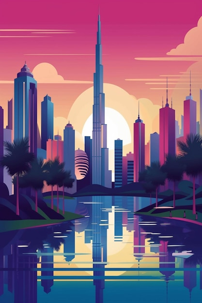 A cartoon style illustration of a city skyline with a river and palm trees generative ai