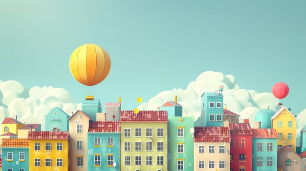 Photo a cartoon style illustration of a city with hot air balloons