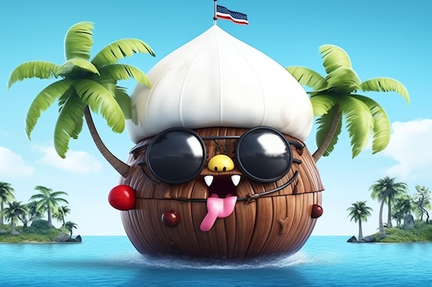 A cartoon style illustration of a coconut boat with a palm tree on the bottom.