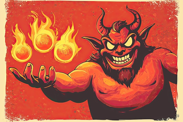 A cartoon style illustration of devil character with flames exuding mischievous vibe