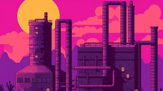 A cartoon style illustration of a factory with pipes and chimneys generative ai