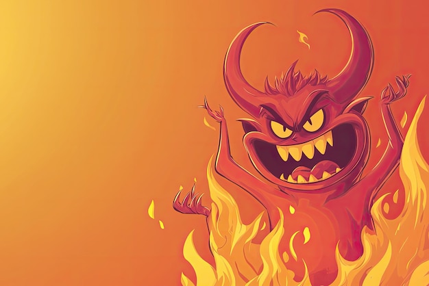 A cartoon style illustration of fiery demon with sharp horns and an angry expression