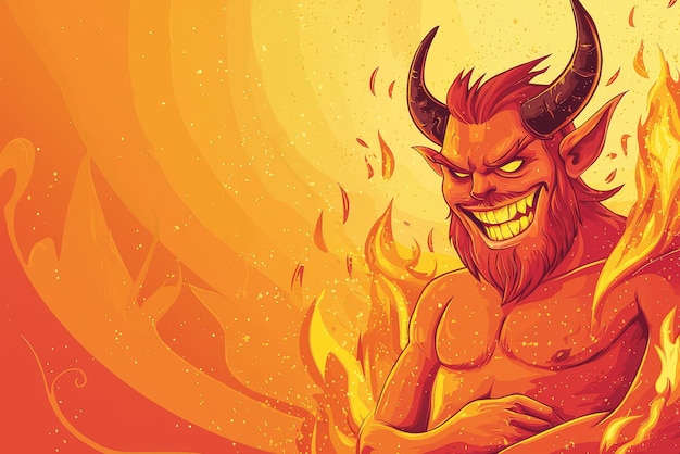 A cartoon style illustration of fiery God of Hell with mischievous grin