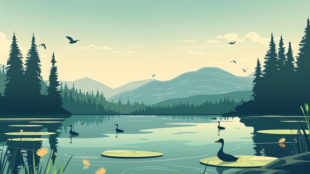 Photo a cartoon style illustration of a lake with mountains and birds