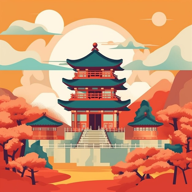 A cartoon style illustration of a pagoda in the middle of a mountain generative ai