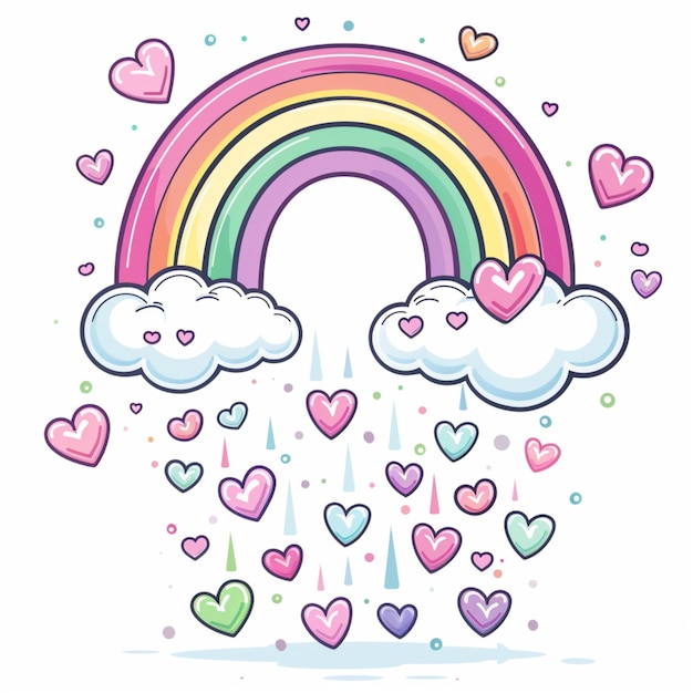 Cartoon style illustration of a pastel rainbow with clouds and hearts