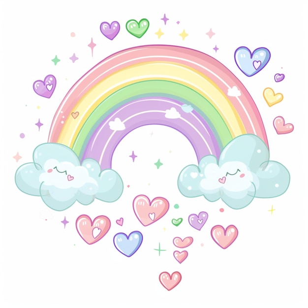 Cartoon style illustration of a pastel rainbow with clouds and hearts