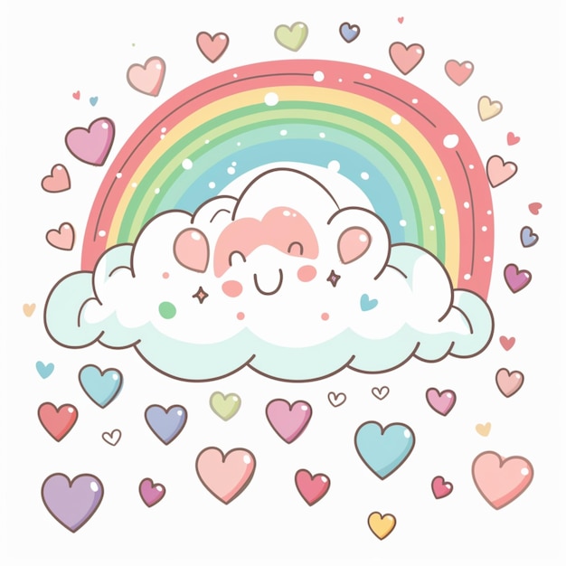 Photo cartoon style illustration of a pastel rainbow with clouds and hearts