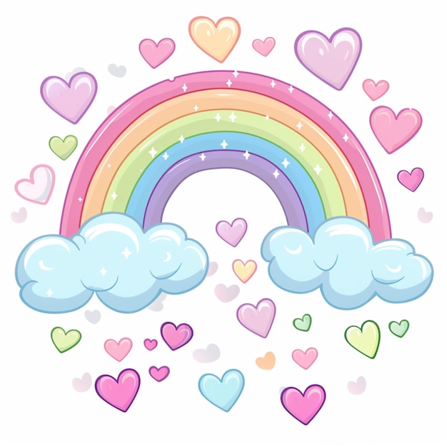 Cartoon style illustration of a pastel rainbow with clouds and hearts