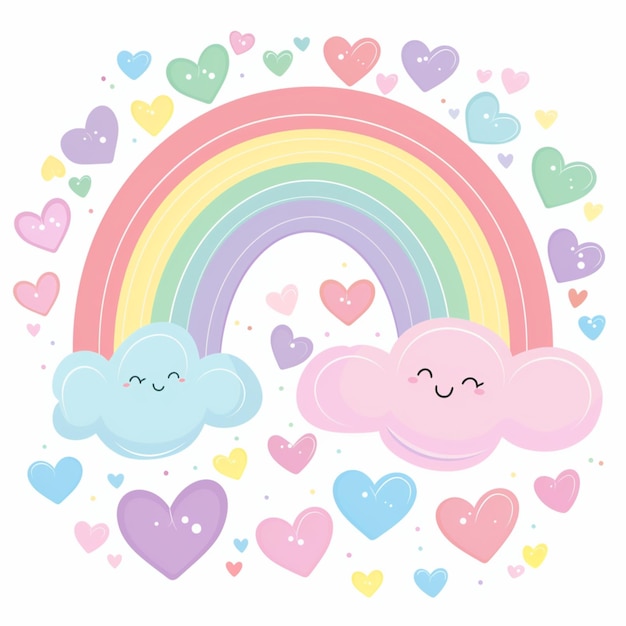 Cartoon style illustration of a pastel rainbow with clouds and hearts