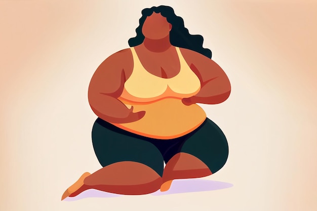 Cartoon style illustration of plus size woman in sporty clothes doing yoga body positive concept AI