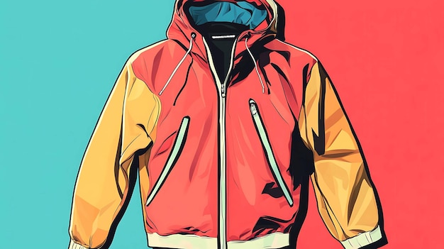 Photo a cartoon style illustration of a red yellow and blue jacket with a hood