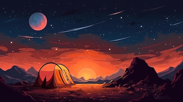 Cartoon style Image of a beautiful landscape with a camp with a tent at sunset Generated ai