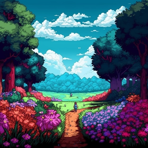 A cartoon style landscape with a path through the woods generative ai