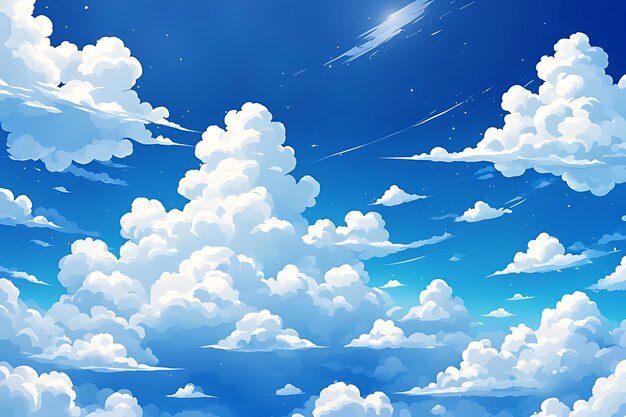 Cartoon Style Sky Background With Fluffy White Clouds