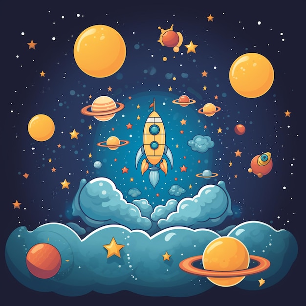 cartoon style sky and stars with planet with rocket 6