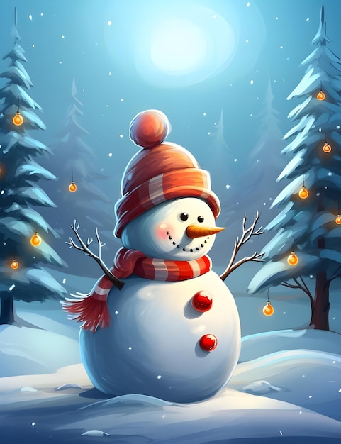 cartoon style snowman with Christmas tree background