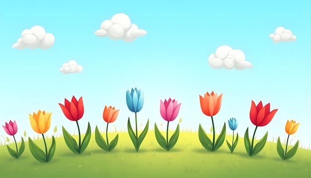 cartoon style tulips in a field blue sky clouds colorful tulips cartoon flowers field of tulip