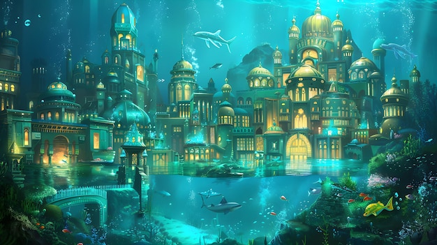 Photo cartoon style underwater metropolis with mermaids and sharks