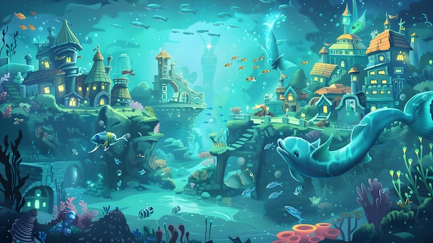 Photo cartoon style underwater metropolis with mermaids and sharks