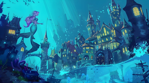 Cartoon style underwater metropolis with mermaids and sharks