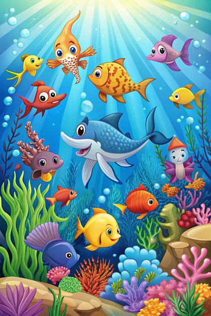 Photo cartoon style underwater sea life for fun visuals