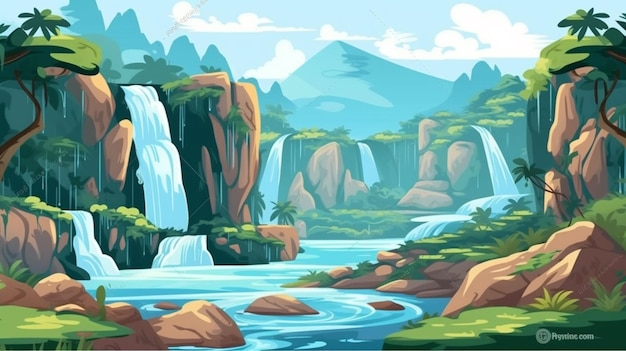 A cartoon style waterfall in the jungle with rocks and trees generative ai