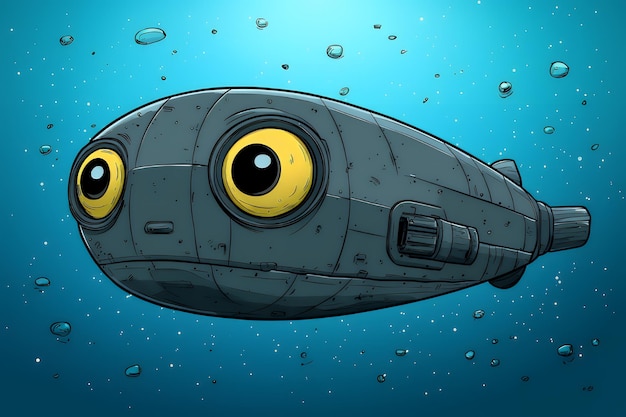 Photo cartoon submarine with big eyes in the ocean