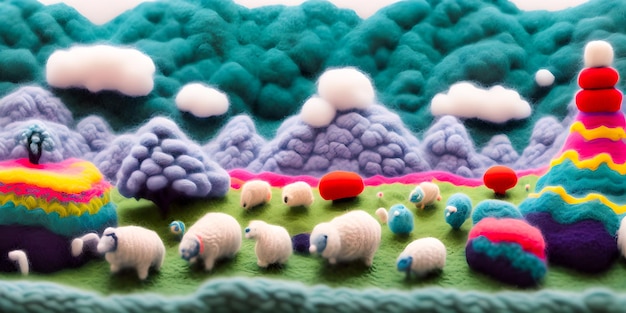 Cartoon summer forest landscape made of wool and thread