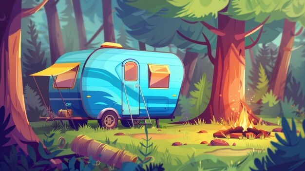 Photo cartoon summer scene with caravan for outdoor relaxation and travel there is a camper van with tent and open door standing in the forest next to logs on a bonfire pit and large wood trunk used as a