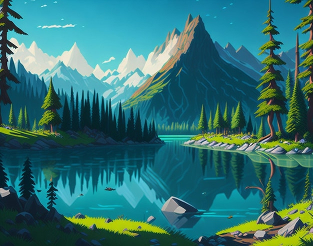 A cartoon summer scene with mountain landscape Forest and meadow shores illustration AI Generated