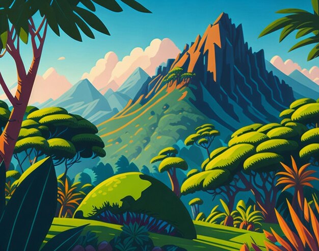 A cartoon summer scene with mountain landscape Forest and meadow shores illustration AI Generated