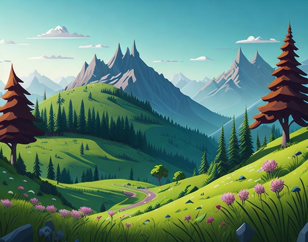 A cartoon summer scene with mountain landscape Forest and meadow shores illustration AI Generated