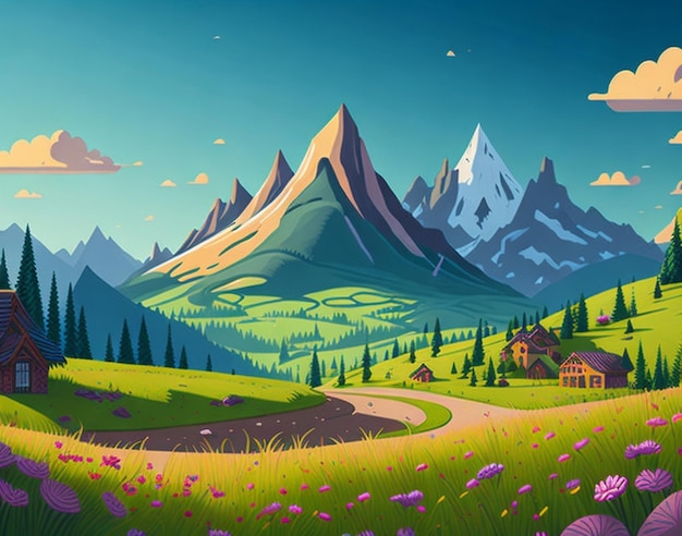 A cartoon summer scene with mountain landscape Forest and meadow shores illustration AI Generated