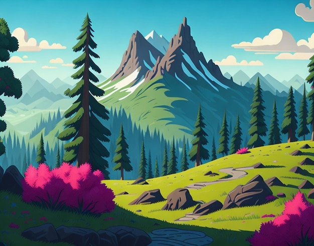 A cartoon summer scene with mountain landscape Forest and meadow shores illustration AI Generated