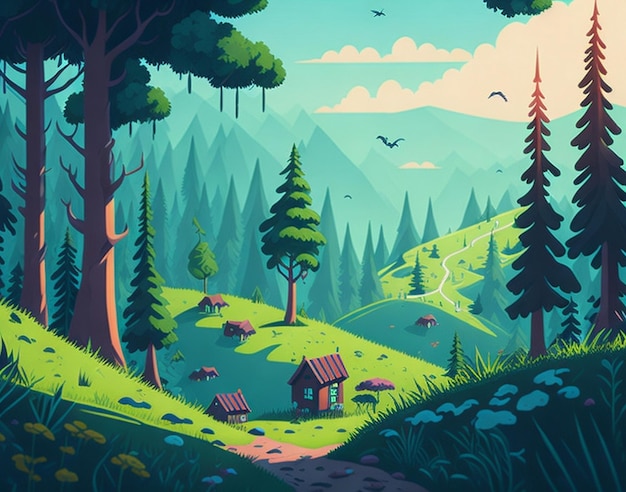 A cartoon summer scene with mountain landscape Forest and meadow shores illustration AI Generated